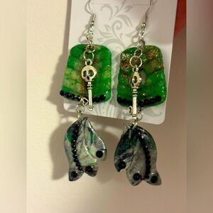 Bellway Beauty goblin green embellished gem spooky Halloween dangle earrings